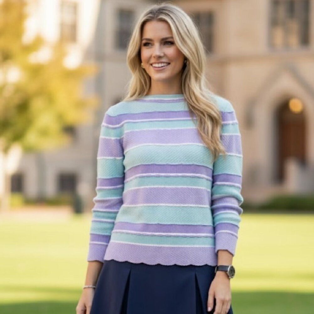St. John Vintage Pastel Striped Scalloped Textured Sweater Crew Neck Top Knit M